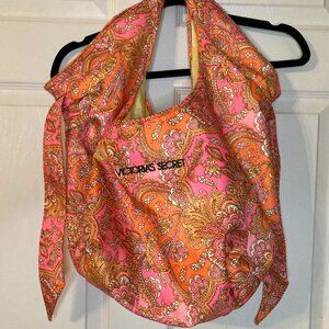 Victoria's Secret Pink/Orange Paisley Soft Tote Bag - Tie Close Nylon Beach Bag